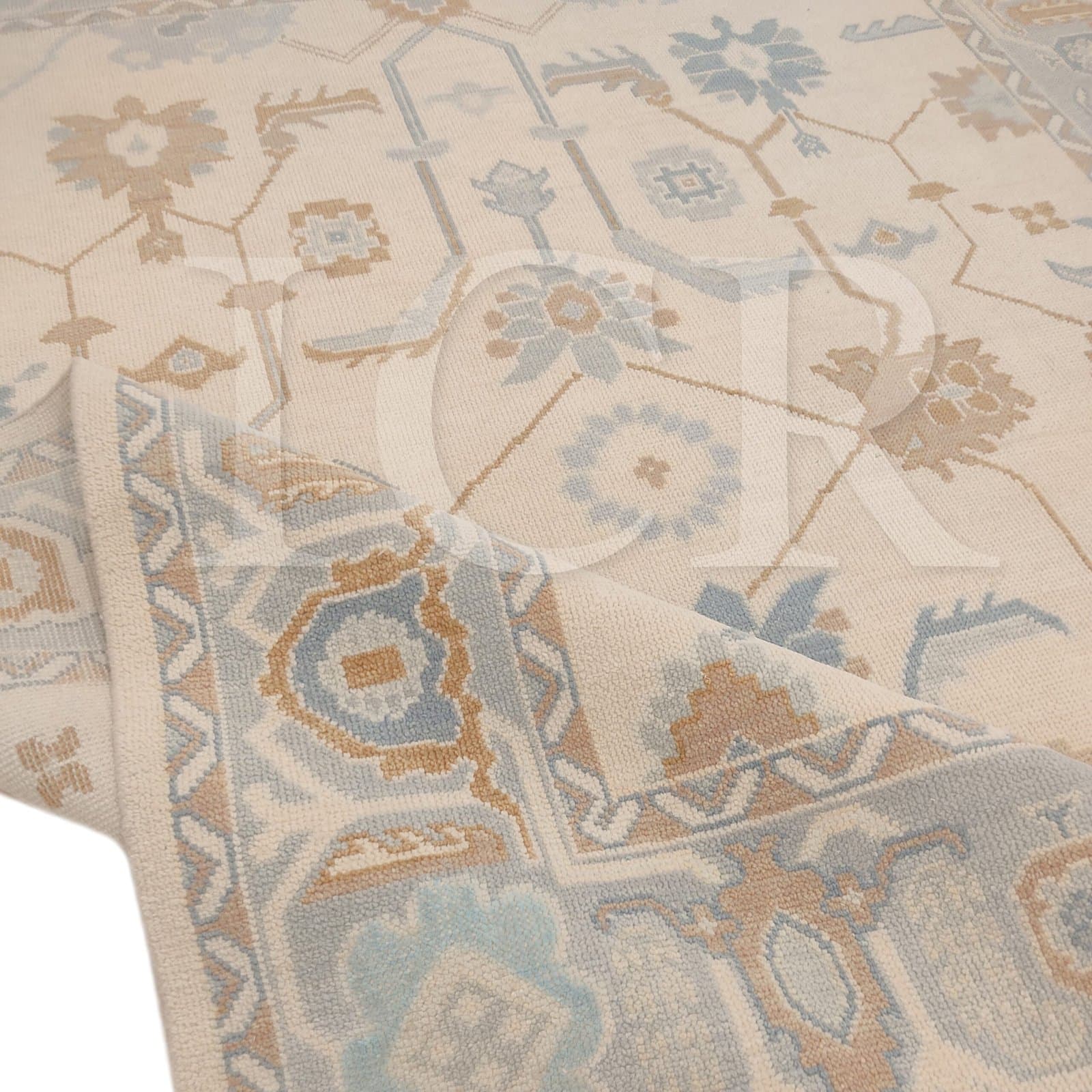 Ivory & Sky Blue Oushak-Style Rug – Traditional Floral Design with Beige & Terracotta Accents | Vintage Turkish-Inspired Area Rug