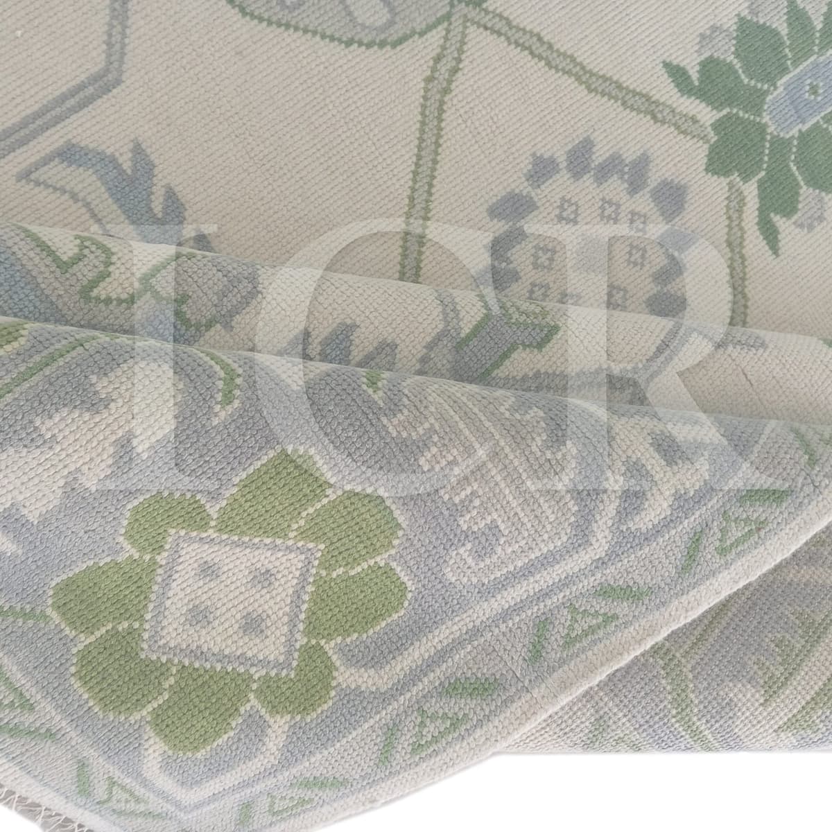 Ivory & Sage Green Oushak-Style Rug โ Traditional Floral Design with Blue Accents | Vintage Turkish-Inspired Area Rug