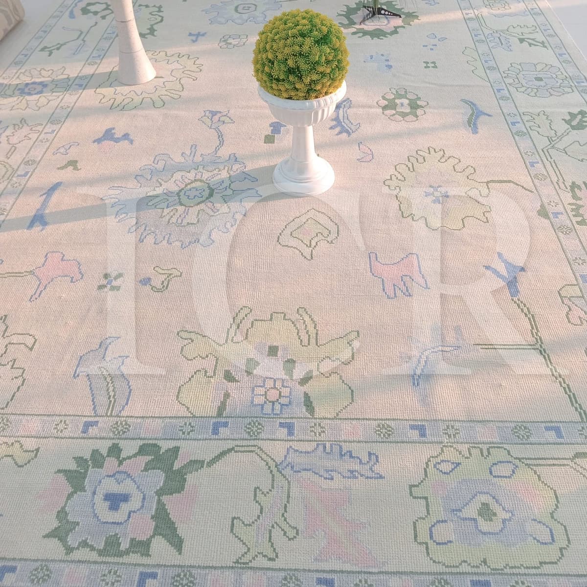 Cream & Sage Green Floral Rug โ Vintage-Inspired Botanical Design with Blue & Pink Accents | Traditional Pastel Area Rug